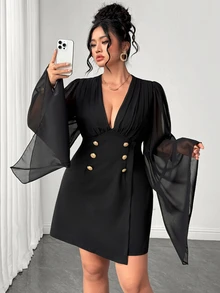 Elenzga Plus Size Women's Autumn/Winter Black Long Sleeve Short Dress With Metal Button Decor, Fashionable Elegant Chiffon Blazer-Style Dress For Party, Gathering And Date - Black - View 3