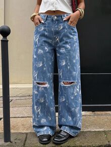 Jeanoix Y2K Plus Size Women Non-Stretch Denim Jeans, American Vintage Distressed Straight Leg Pants, High Street Fashion Design, Cowboy For Women - Dark Wash - View 9