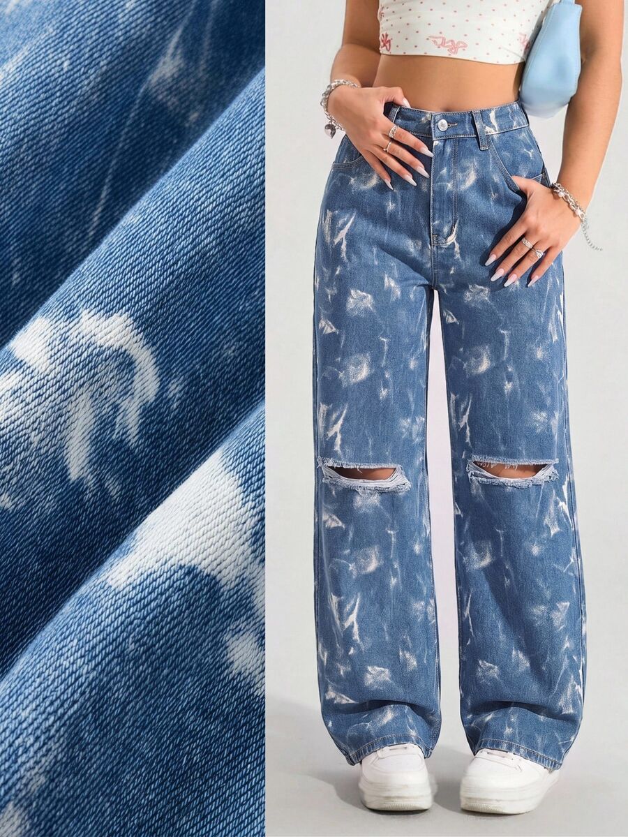 Jeanoix Y2K Plus Size Women Non-Stretch Denim Jeans, American Vintage Distressed Straight Leg Pants, High Street Fashion Design, Cowboy For Women