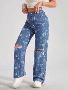 Jeanoix Y2K Plus Size Women Non-Stretch Denim Jeans, American Vintage Distressed Straight Leg Pants, High Street Fashion Design, Cowboy For Women - Dark Wash - View 5
