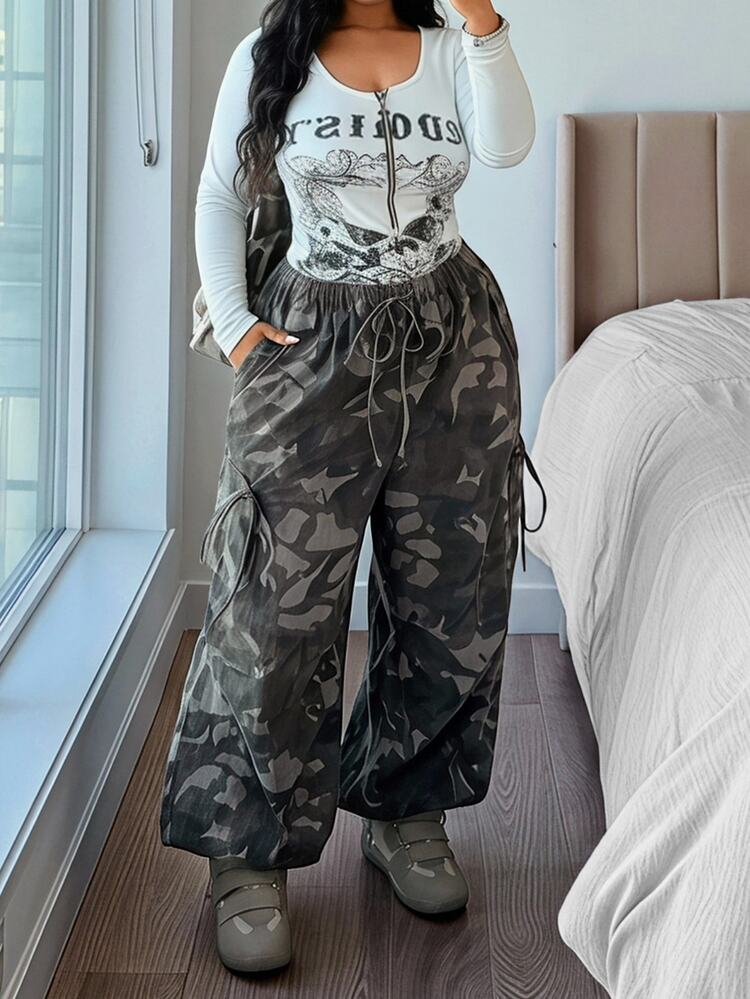Jeanoix Y2K大尺碼女款不彈力牛仔束口褲，迷彩印花彈性腰設計燈籠褲，牛仔風女裝套裝 - 彩色 - 查看 1