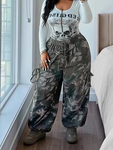 Jeanoix Y2K Plus Size Women Non-Stretch Denim Jogger Pants With Camouflage Print Elastic Waist Design Lantern Pants Cowboy Outfits For Women - Multicolor - View 4