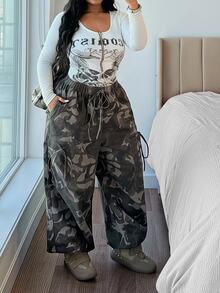 Jeanoix Y2K Plus Size Women Non-Stretch Denim Jogger Pants With Camouflage Print Elastic Waist Design Lantern Pants Cowboy Outfits For Women - Multicolor - View 6