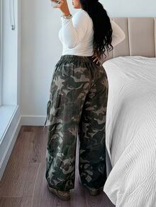 Jeanoix Y2K Plus Size Women Non-Stretch Denim Jogger Pants With Camouflage Print Elastic Waist Design Lantern Pants Cowboy Outfits For Women - Multicolor - View 3
