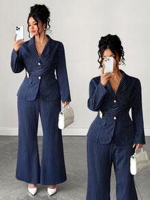 Elenzga Plus Size Halloween Navy Blue Vertical Striped 2 Pieces Suit Set For Women, Cross Waist Decor Button Lapel Blazer + High Waist Wide Leg Pants, Spring Autumn Commute Elegant Office Lady Style, Professional Interview Business Formal Outfit, Flattering For Figures - Navy Blue - View 2