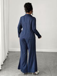 Elenzga Plus Size Halloween Navy Blue Vertical Striped 2 Pieces Suit Set For Women, Cross Waist Decor Button Lapel Blazer + High Waist Wide Leg Pants, Spring Autumn Commute Elegant Office Lady Style, Professional Interview Business Formal Outfit, Flattering For Figures - Navy Blue - View 8