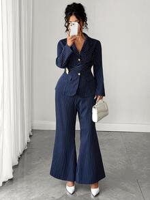 Elenzga Plus Size Halloween Navy Blue Vertical Striped 2 Pieces Suit Set For Women, Cross Waist Decor Button Lapel Blazer + High Waist Wide Leg Pants, Spring Autumn Commute Elegant Office Lady Style, Professional Interview Business Formal Outfit, Flattering For Figures - Navy Blue - View 6