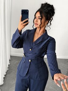Elenzga Plus Size Halloween Navy Blue Vertical Striped 2 Pieces Suit Set For Women, Cross Waist Decor Button Lapel Blazer + High Waist Wide Leg Pants, Spring Autumn Commute Elegant Office Lady Style, Professional Interview Business Formal Outfit, Flattering For Figures - Navy Blue - View 7