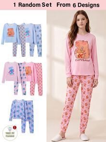 Teen Girls Round Neck Pullover Long Sleeve Long Pants Knit Fabric Comfortable Soft High Elasticity Fitted Loungewear 2 Pieces Set Pajamas - Multicolor - View 5