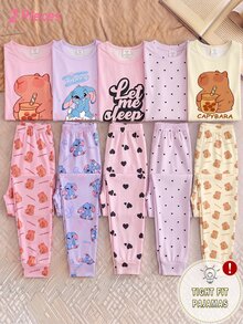 Teen Girls Round Neck Pullover Long Sleeve Long Pants Knit Fabric Comfortable Soft High Elasticity Fitted Loungewear 2 Pieces Set Pajamas - Multicolor - View 8