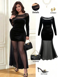 Femmeverse Plus Size Women Mesh Patchwork Elegant Waist-Cinching Party Dress Fall - Black - View 1