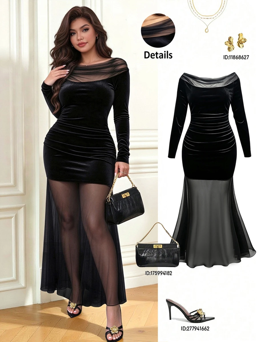 Femmeverse Plus Size Women Mesh Patchwork Elegant Waist-Cinching Party Dress Fall - Black - View 1