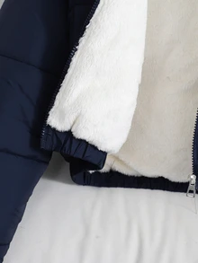 SHEIN 青少年女孩時尚休閒短款連帽填充外套，附保暖內裡，寬鬆舒適版型，適合秋冬日常通勤、戶外玩樂、出遊、聚會、拍照 - 藏蓝色 - 查看 3