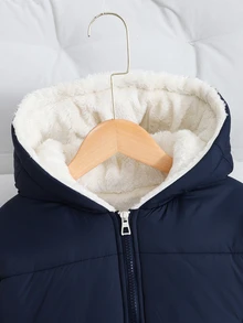 SHEIN 青少年女孩時尚休閒短款連帽填充外套，附保暖內裡，寬鬆舒適版型，適合秋冬日常通勤、戶外玩樂、出遊、聚會、拍照 - 藏蓝色 - 查看 8