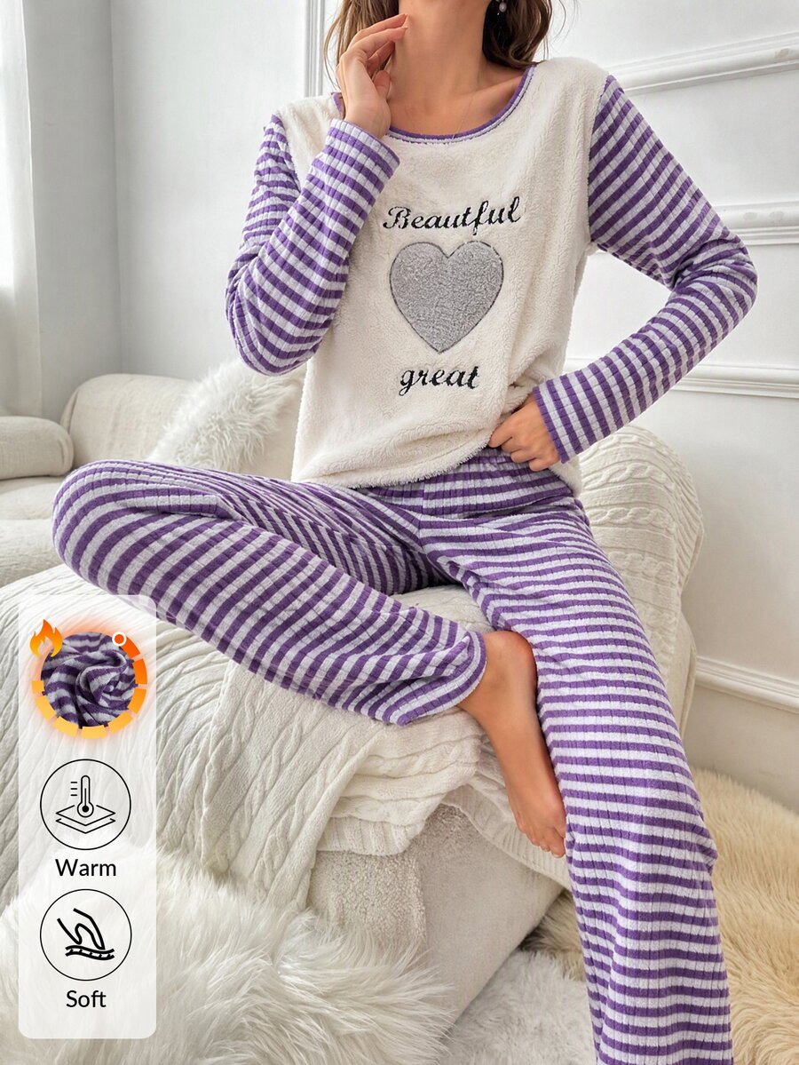 SHEIN Women 2pcs Striped Rib Knit& Fuzzy With Heart&Lettered Round Neck Long Sleeved & Long Pants Homewear Comfort Lounge Set