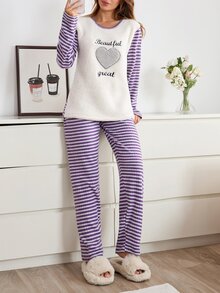 SHEIN Women 2pcs Striped Rib Knit& Fuzzy With Heart&Lettered Round Neck Long Sleeved & Long Pants Homewear Comfort Lounge Set - Multicolor - View 5