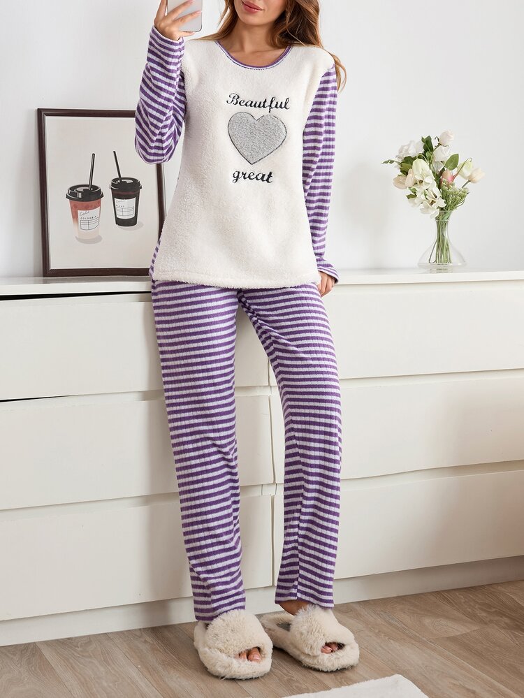SHEIN Women 2pcs Striped Rib Knit& Fuzzy With Heart&Lettered Round Neck Long Sleeved & Long Pants Homewear Comfort Lounge Set - Multicolor - View 4