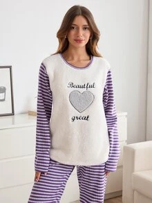 SHEIN Women 2pcs Striped Rib Knit& Fuzzy With Heart&Lettered Round Neck Long Sleeved & Long Pants Homewear Comfort Lounge Set - Multicolor - View 8