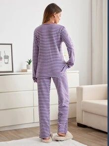 SHEIN Women 2pcs Striped Rib Knit& Fuzzy With Heart&Lettered Round Neck Long Sleeved & Long Pants Homewear Comfort Lounge Set - Multicolor - View 3