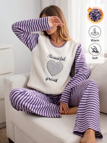 SHEIN Women 2pcs Striped Rib Knit& Fuzzy With Heart&Lettered Round Neck Long Sleeved & Long Pants Homewear Comfort Lounge Set - Multicolor - View 7