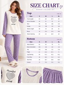 SHEIN Women 2pcs Striped Rib Knit& Fuzzy With Heart&Lettered Round Neck Long Sleeved & Long Pants Homewear Comfort Lounge Set - Multicolor - View 4