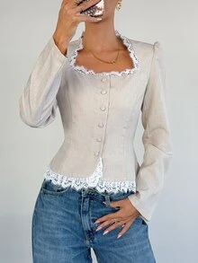 Siren Gaze Women's Front Button Long Sleeve Blazer Office Brunch Tea Party White Fall French Elegant Boho - Apricot - View 6