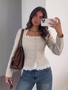 Siren Gaze Women's Front Button Long Sleeve Blazer Office Brunch Tea Party White Fall French Elegant Boho - Apricot - View 2