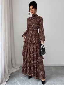Wandoria 女款高領復古端莊收腰後背鬆緊可調節垂墜蓬鬆分層蛋糕裙長袖透視雪紡內襯波點 - 咖啡棕 - 查看 6