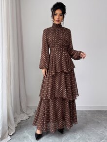 Wandoria 女款高領復古端莊收腰後背鬆緊可調節垂墜蓬鬆分層蛋糕裙長袖透視雪紡內襯波點 - 咖啡棕 - 查看 5
