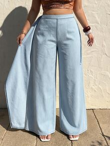 SHEIN CURVE+ بنطلون جينز مقاس كبير بطبعة مخططة وربطة جانبية بتصميم 2 في 1 وساق واسعة - أزرق فاتح - مشاهدة 6