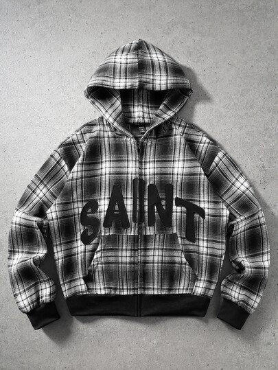 Sudadera con capucha de hombre de tela a cuadros con patrón bordado, corte holgado y frente abierto