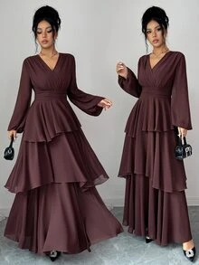 Selianne 1pc Lantern Sleeve Layer Hem Dress - Coffee Brown - View 3