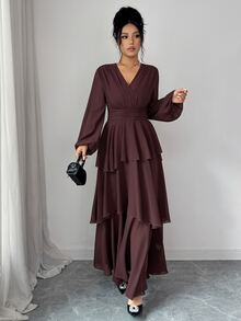 Selianne 1pc Lantern Sleeve Layer Hem Dress - Coffee Brown - View 6