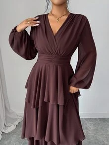 Selianne 1pc Lantern Sleeve Layer Hem Dress - Coffee Brown - View 5