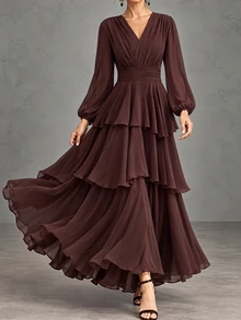 Selianne 1pc Lantern Sleeve Layer Hem Dress - Coffee Brown - View 1