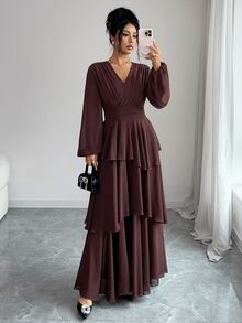 Selianne 1pc Lantern Sleeve Layer Hem Dress - Coffee Brown - View 8