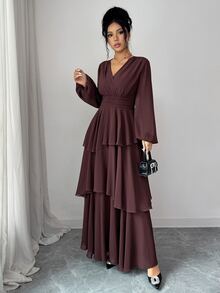 Selianne 1pc Lantern Sleeve Layer Hem Dress - Coffee Brown - View 7