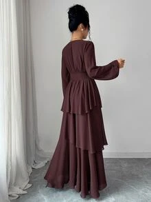 Selianne 1pc Lantern Sleeve Layer Hem Dress - Coffee Brown - View 2