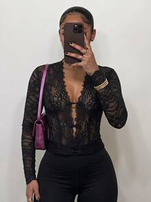 SHEIN SXY Women's Sexy Sheer Lace Top - Black - View 9