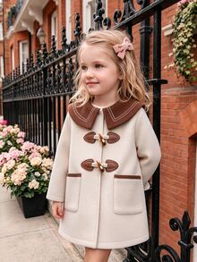Elladie kids 女童羊毛開襟外套，時尚飾邊配牛角扣，適合日常穿搭，復古優雅可愛，秋季新款 - 卡其色 - 查看 3