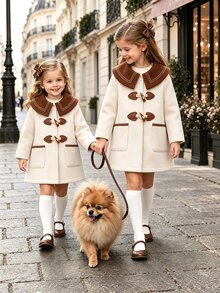 Elladie kids 女童羊毛開襟外套，時尚飾邊配牛角扣，適合日常穿搭，復古優雅可愛，秋季新款 - 卡其色 - 查看 5