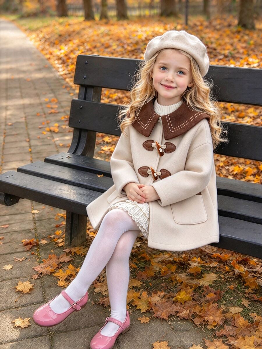 Elladie kids 女童羊毛開襟外套,時尚飾邊配牛角扣,適合日常穿搭,復古優雅可愛,秋季新款 - 卡其色 - 查看 1
