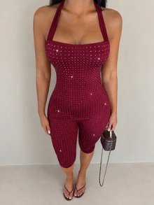 SHEIN SXY Women's Shiny Casual Daily Wear Halter Neck Jumpsuit - Red - View 5