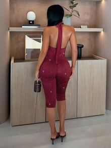 SHEIN SXY Women's Shiny Casual Daily Wear Halter Neck Jumpsuit - Red - View 2