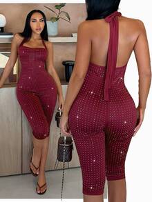 SHEIN SXY Women's Shiny Casual Daily Wear Halter Neck Jumpsuit - Red - View 9