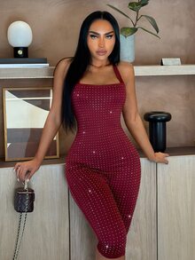 SHEIN SXY Women's Shiny Casual Daily Wear Halter Neck Jumpsuit - Red - View 8