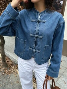Rivivi Áo khoác denim nữ phong cách Trung Quốc mới, vintage retro, casual, cúc hình ếch, wash denim, du lịch mùa thu - Rửa tối - Xem 1