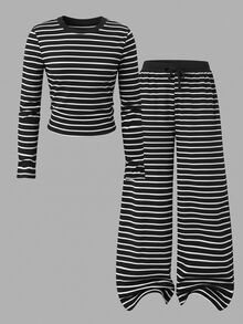 SHEIN Sparklyn 青少年女孩秋季套裝 2件/組 休閒百搭日常穿著 修身短版印花針織上衣 + 彈性直筒... - 黑色 - 查看 6