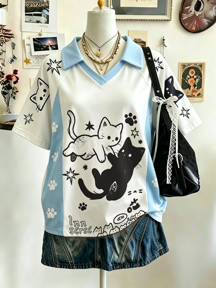 SHEIN Cute Cat Pattern Digital Print Fashion Minimalist Women's Collared Raglan Short Sleeve T-Shirt, Gift For Friends - Multicolor - View 1