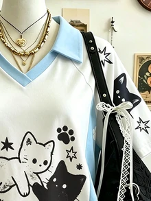 SHEIN Cute Cat Pattern Digital Print Fashion Minimalist Women's Collared Raglan Short Sleeve T-Shirt, Gift For Friends - Multicolor - View 3